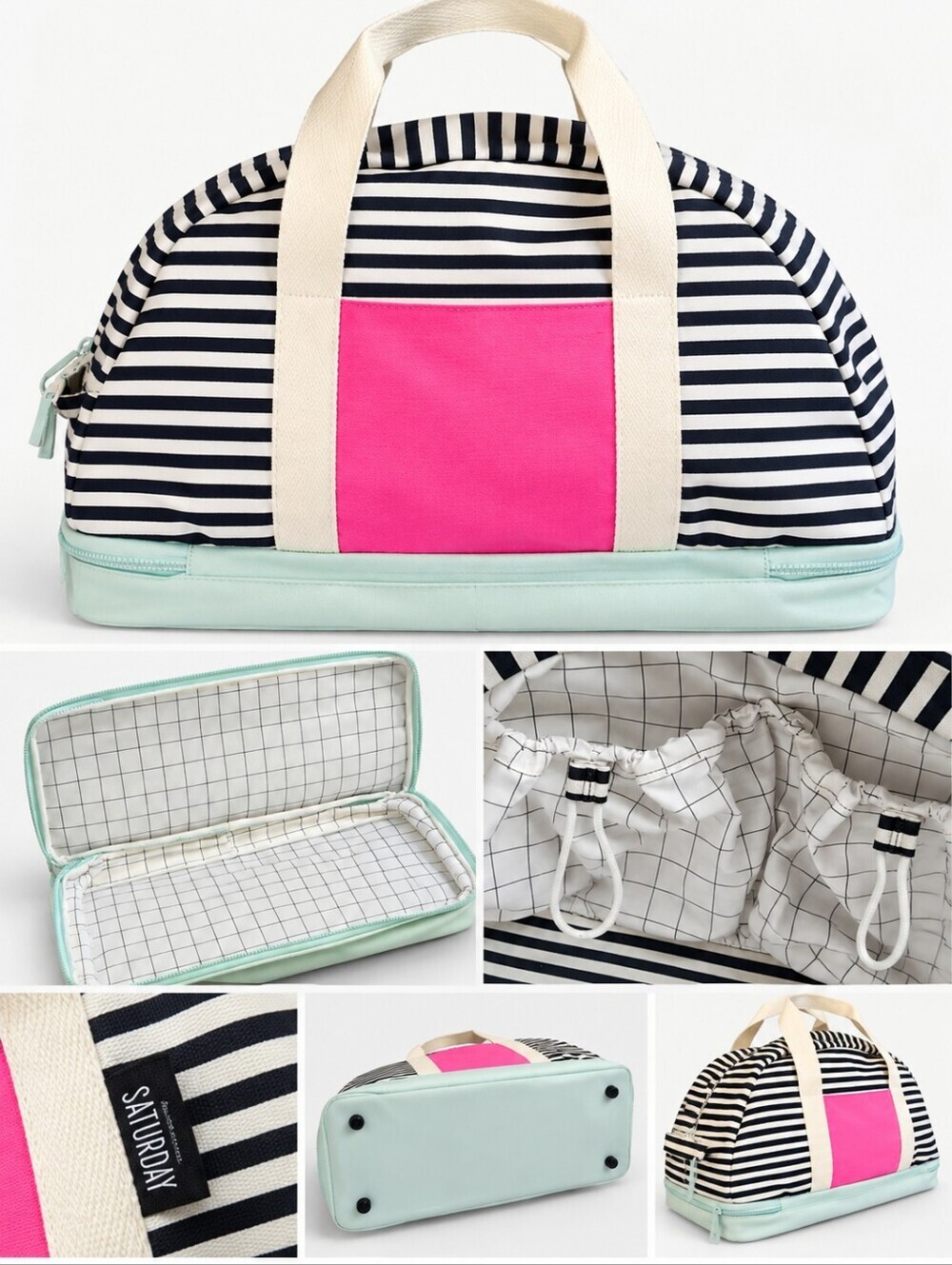 Kate Spade Black and White Striped Travel Bag with Pink and Mint Accents